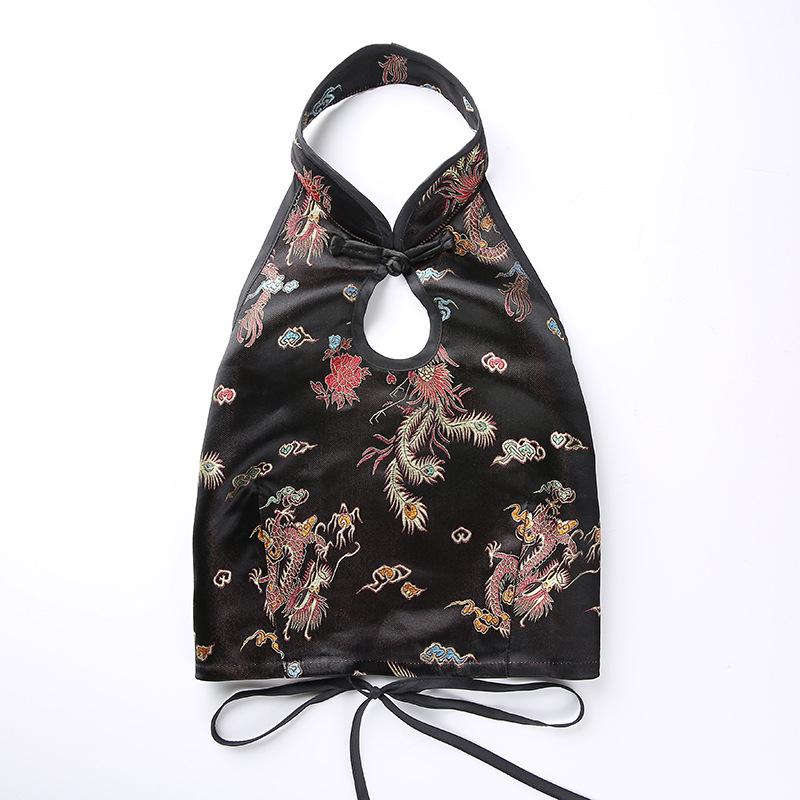 Женские топы Cheongsam, традиционный традиционный китайский дракон с вышивкой, открытая спина, Холтер, винтажный вечерний укороченный топ с запахом, жилет