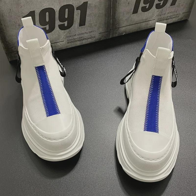 Мужские летние дышащие высокие туфли в корейском стиле на каждый день из парусины на платформе с застежкой-молнией