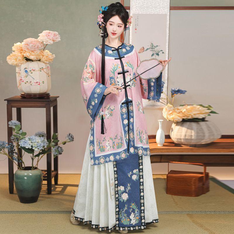 Восстановленный национальный костюм в китайском стиле династии Цин, топ с круглым вырезом, юбка с принтом в стиле ретро, ​​женский костюм