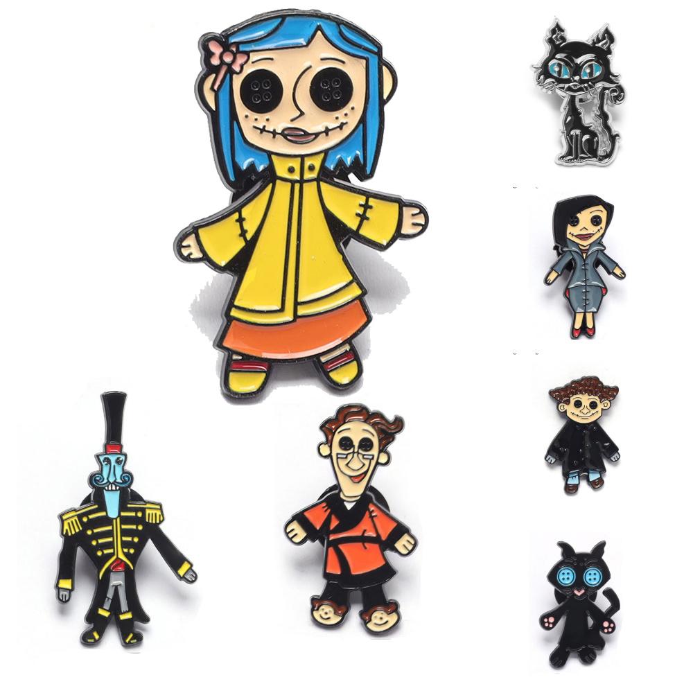 7Pcs/set Animated Films Coraline Doll Badge Metal Brooch Backpack Badge Halloween Accessory Gifts for Friends