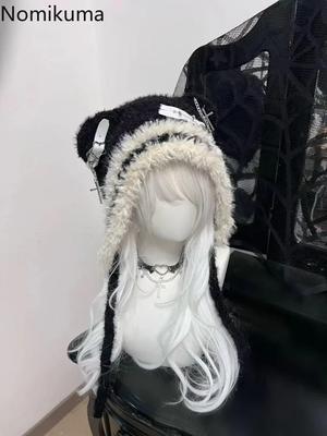 Harajuku Gothic Lolita Вязаная шапка с кошачьими ушками Женская панк-дизайнерская зимняя черная шапка-бини Милая шапка Женские аксессуары Кепка