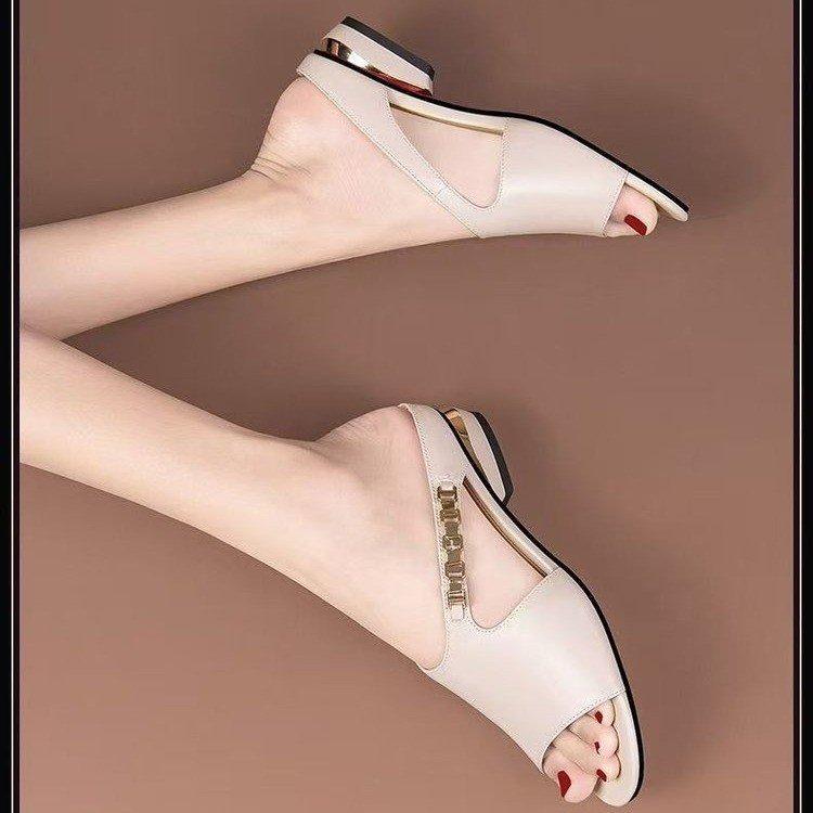 Soft Leather Open-toed Hollow Flat-heeled Cool Slippers Women's Summer Wear Flat-bottomed Fashion Chain Versatile Low-heeled One-word Women's Shoes