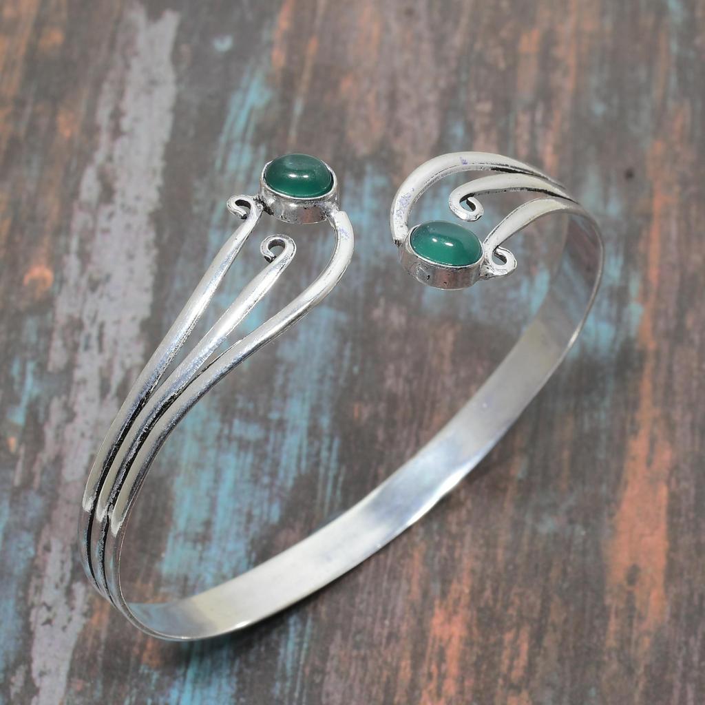 Браслет ювелирных изделий стерлингового серебра 925 зеленой драгоценной камня оникса ручной работы регулируемый для женщин