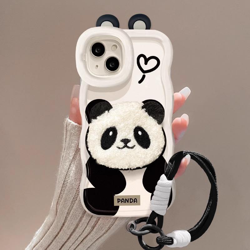 Plush Panda Lanyard for Apple 16PRO Mobile Phone Case 15 Cute Silicone Anti-fall 14 Invisible Double Bracket XR
