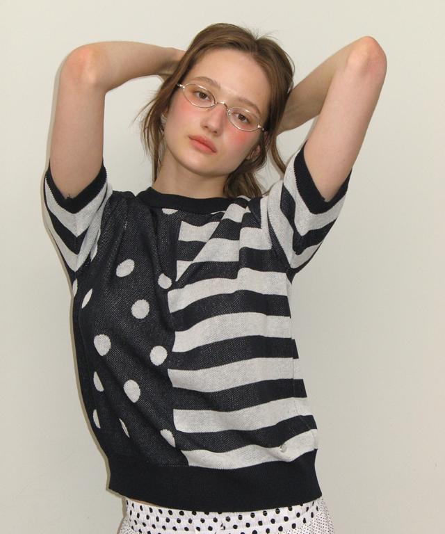 RONRON Dot Stripe Mix Half Knit Navy