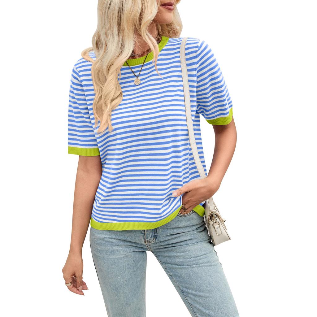 Women's Round Neck Half Sleeve Loose Fit Striped Color Block Knit Top Casual Sweater