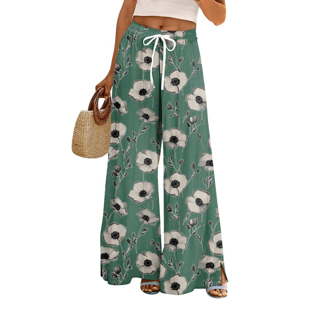 Women's Loose Casual Floral Print Wide Leg Pants With Elastic Waist Drawstring And Pocket Pants