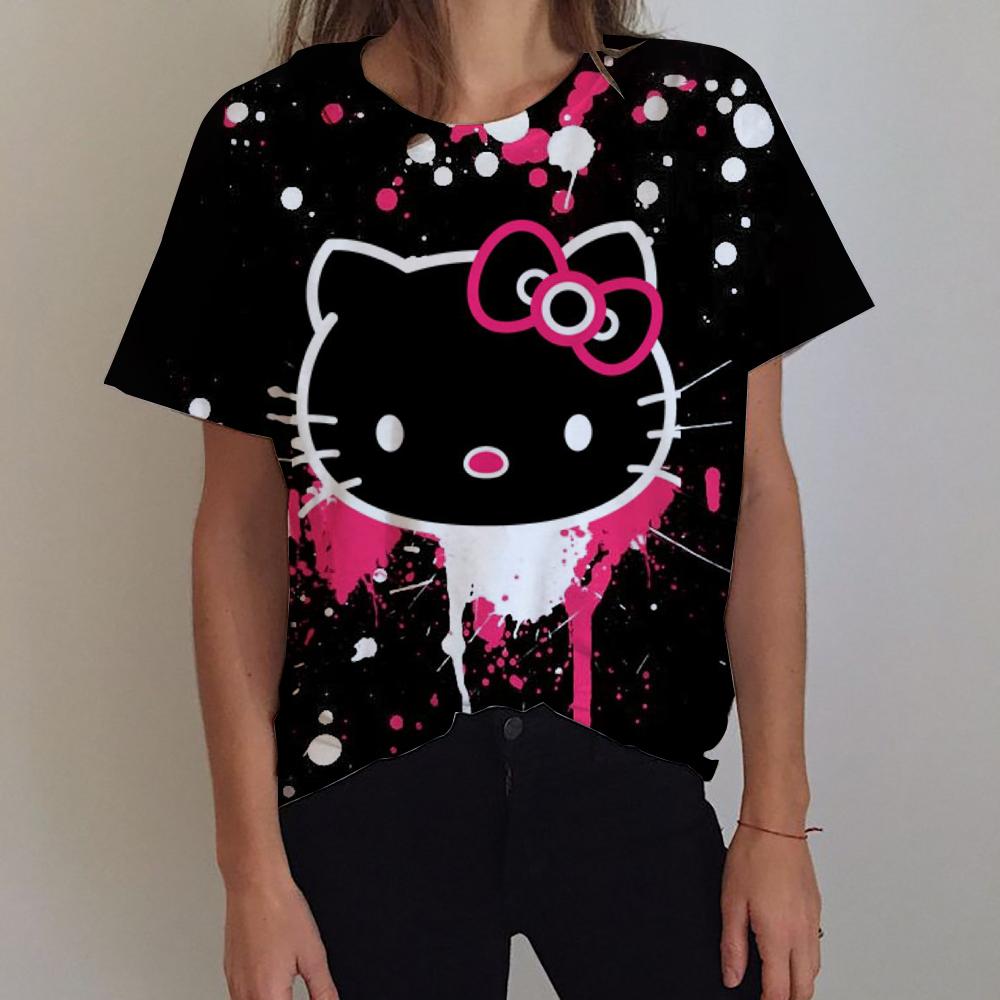Stylish Summer Hello Kitty Print T-Shirt, Women's Street Style Casual T-Shirt Top, Women's Harajuku Style T-Shirt, Loose Fit Clothing
