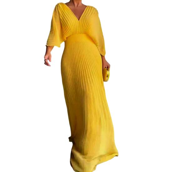 Women Evening Dress Dolman Sleeves Pleated V Neck Pure Color High Slim Waist Full Length