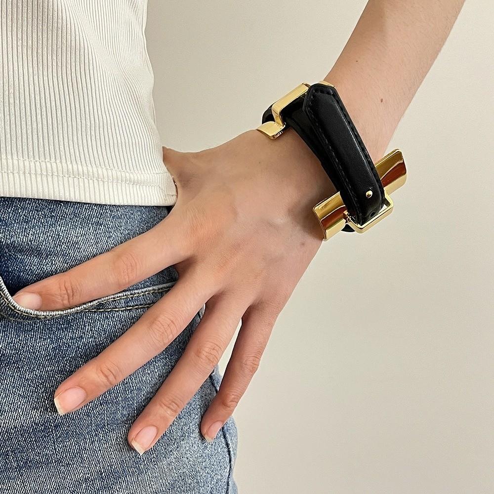 Armlet Belt Buckle Leather Bracelet Silver Women Open Bangle Exaggerated Metal Bangle Girls