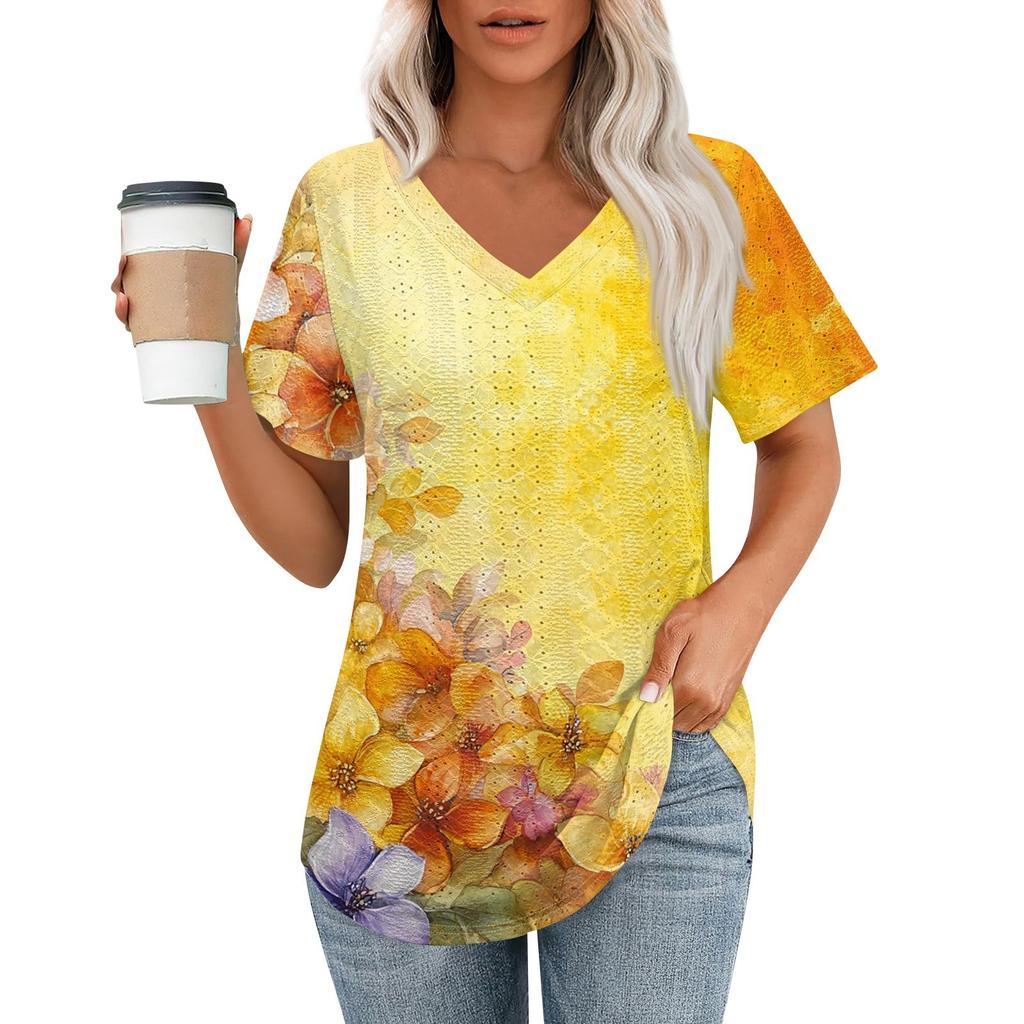 Womens T Shirts V Neck Short Sleeve Casual Tops Loose Fit Basic Tees With Curved Hem