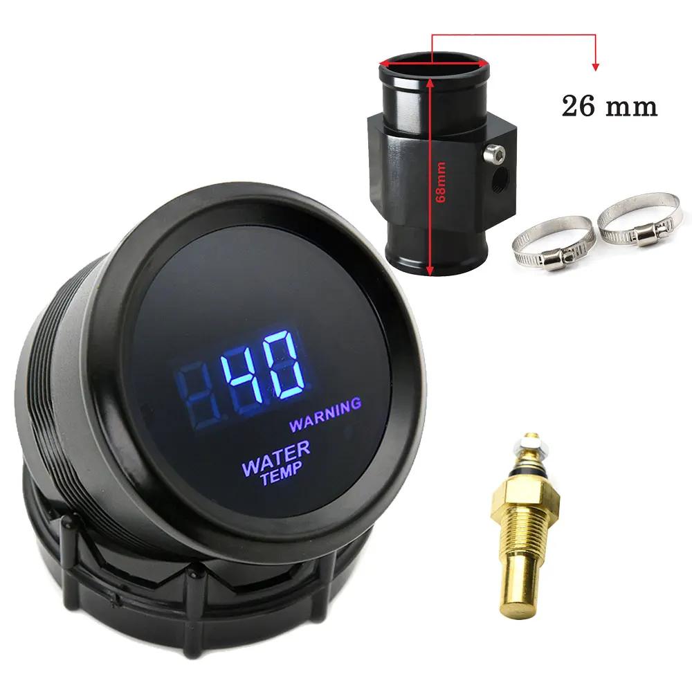 52mm Water Temperature Gauge Blue LED Light with 16mm-40mm Joint Pipe Adapter Black/Blue with Water Temp 1/8NPT Sensor