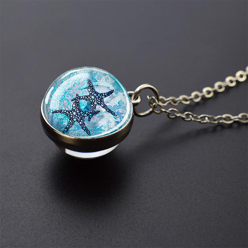 Ювелирные ожерелья с синим морем и морской жизнью, черепаха, дельфин, ракушки, двухсторонний хрустальный стеклянный шар, кулон, ожерелье для женщин и мужчин, подарок