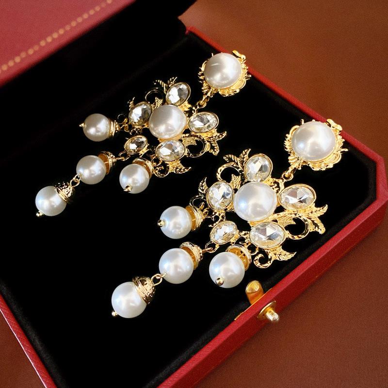 French Luxury Rhinestone & Pearl Tassel Earrings for Women