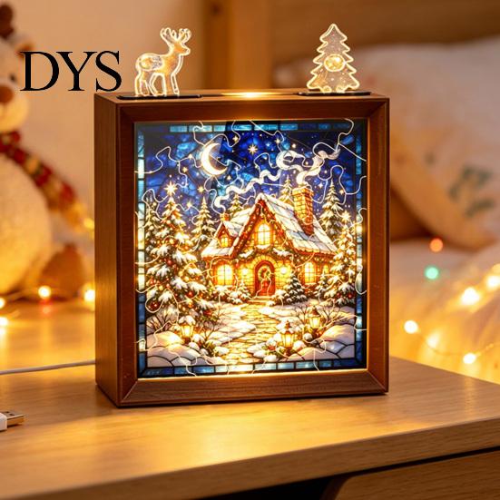 Настольный домашний орнамент DIY Рождественская акриловая головоломка Ночник, Деревянная рама Ручная сборка Пазл Ручная работа Арт-набор Лампа, Креативный настольный светодиодный