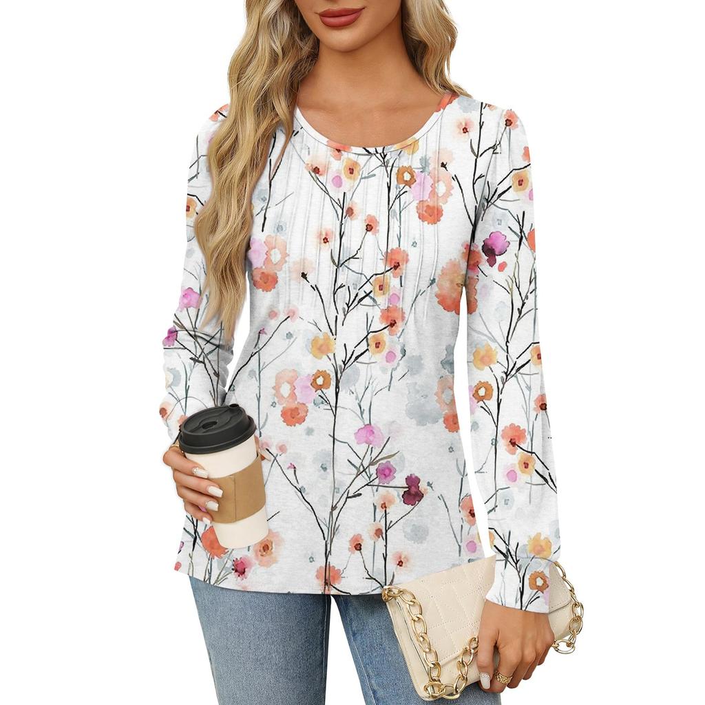 Рубашки с длинным рукавом для женщин, футболки с милым принтом и графикой, блузки, нарядные повседневные блузки, плиссированные топы-туники с овальным вырезом