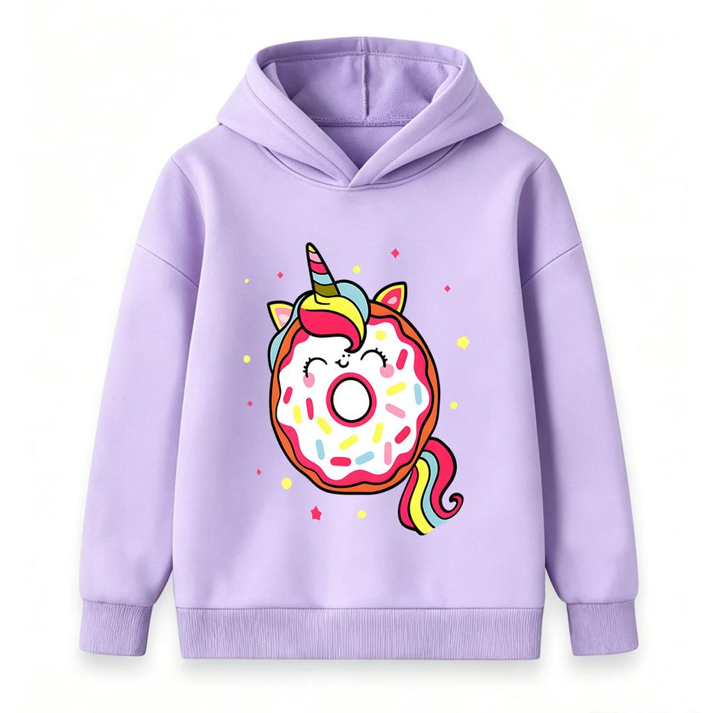 Kids Boys Girls Cute Unicorn Donut Print Pullover Hoodie Casual Long Sleeve Sweatshirt with Rainbow Sprinkles Cartoon Design for Children Daily Wear P