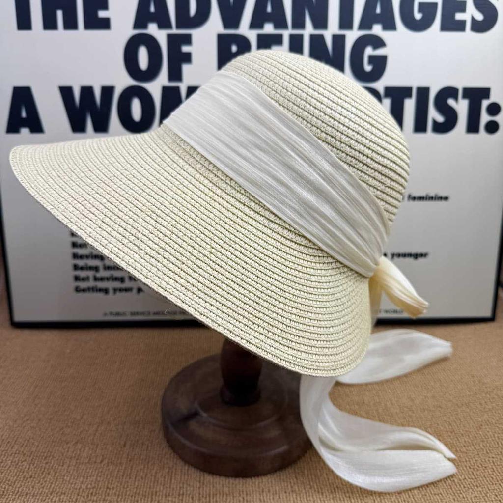 Hepburn style retro straw woven big brim sun hat women's chiffon streamer sunscreen hat travel photo show face small sun hat