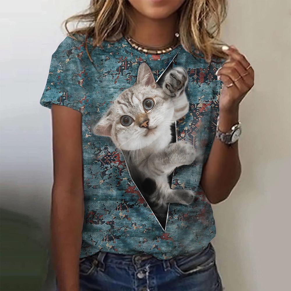 Summer Round Neck 3D Funny Cat Print Top Fashionable Casual Short Sleeved Women's T-shirts