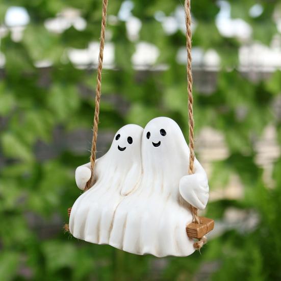 Качающаяся фигурка пары привидений Хэллоуин Привидение Подвесное украшение Смола Белая фигурка пары привидений для декора в помещении и на улице, для сада, патио, веранды
