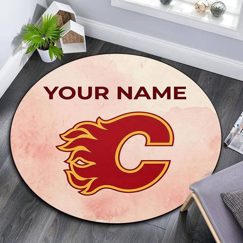 Custom Name,Calgary Flames pattern round rug,Carpet Rug for Living Room Bedroom Playroom ,Non-slip Floor Mat,Holiday Gifts and Birthday Gifts.