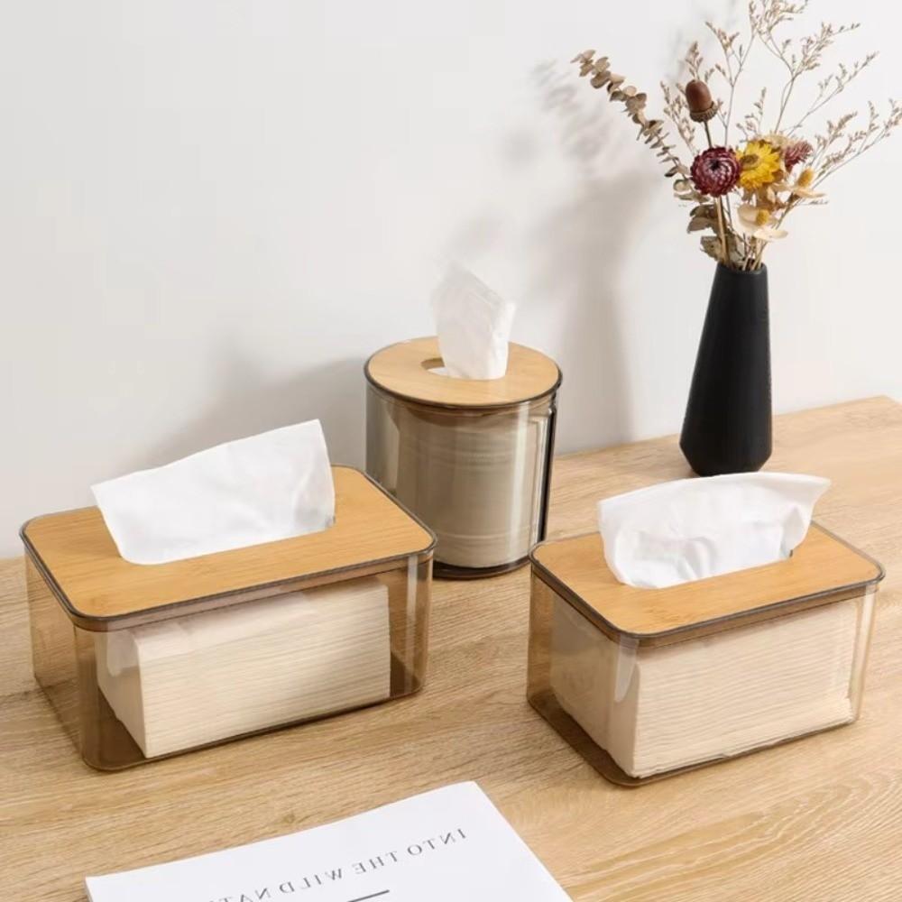 New Plastic Clear Tissue Box Wooden Cover Transparent Paper Towel Box Multifunctional Durable Napkin Holder Household Use