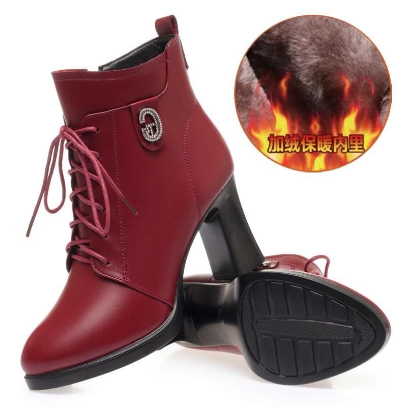 Комфортные Универсальные Короткие Сапоги на Высоком Каблуке Осень Зима Новые Толстый Каблук Плюшевый Бархат Женские Ботильоны из Мягкой Кожи