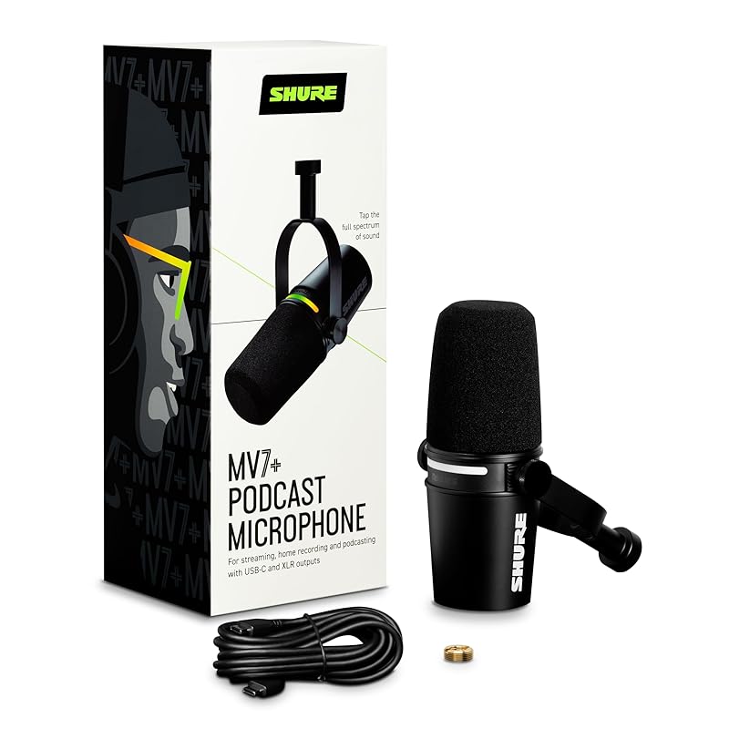 Shure MV7+ Микрофон для подкастов с улучшенным звуком, светодиодная сенсорная панель, USB-C и XLR-выход, режим автоматического уровня, цифровой поп-фильтр, эффект реверберации, для