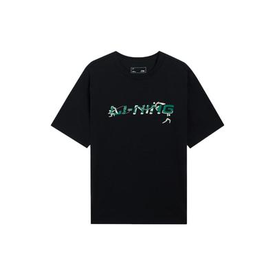 Li Ning Серия спортивной моды Логотип с буквой Пуловер с круглым вырезом и короткими рукавами Футболка унисекс Черный AHSSC35-1