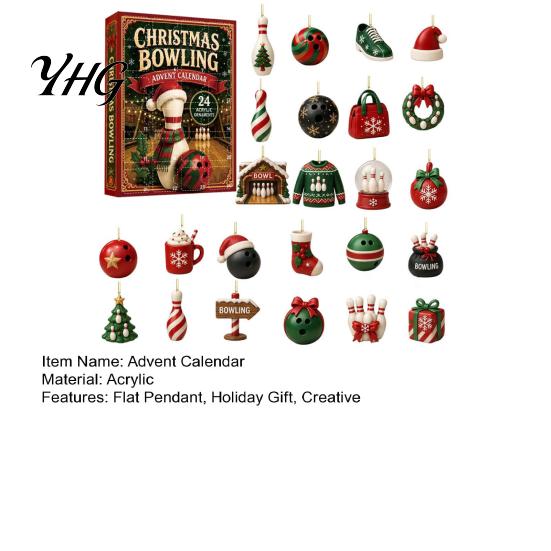 Bowling Enthusiast Novelty Gifts Christmas Advent Calendar with 24 Acrylic Pendants, 2D Flat Theme Holiday Ornaments for Tree Hanging Decorations And