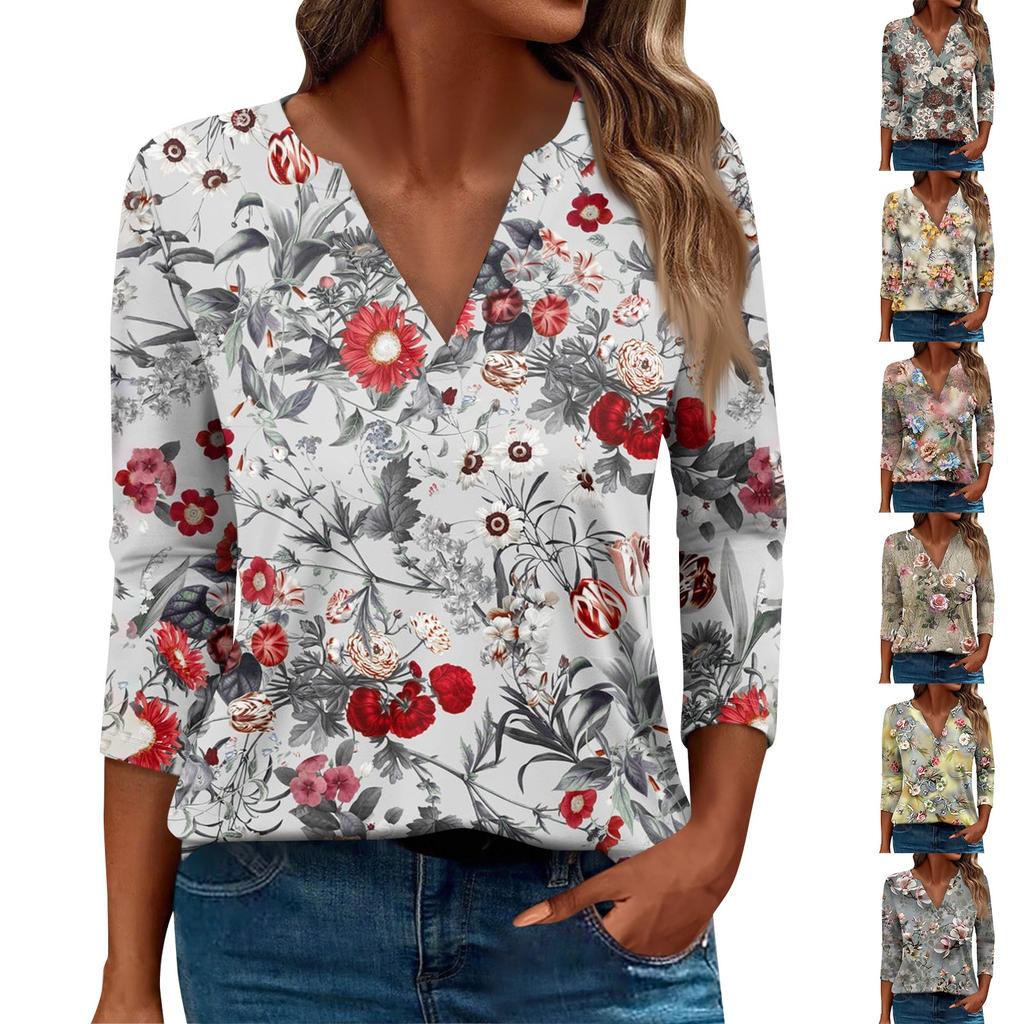 Women's T Shirt Tee Print Button  3/4 Sleeve Daily Weekend Fashion Basic V- Neck Regular Top