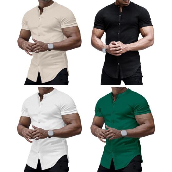 Мужская летняя рубашка с воротником-стойкой, однотонная, приталенная, с коротким рукавом, однобортный, мягкий дышащий кардиган, мужской топ средней длины