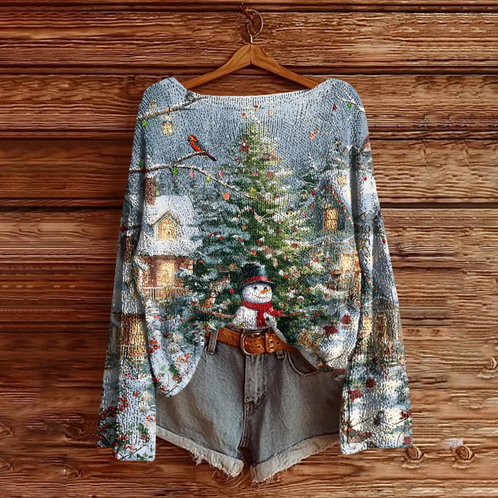 Women's Christmas Print Lightweight Sweater Casual Long Sleeve Knitted Pullover