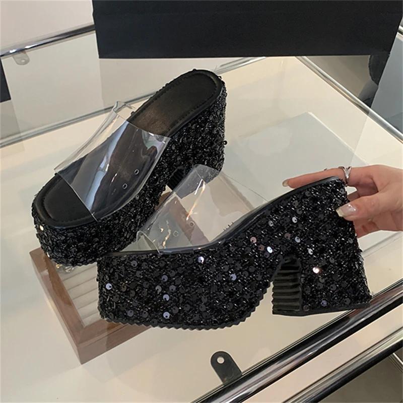 Eilyken Summer Transparen Sequin Cloth Platform Open Toe Women's Slippers Designer Square High Heels Shoes