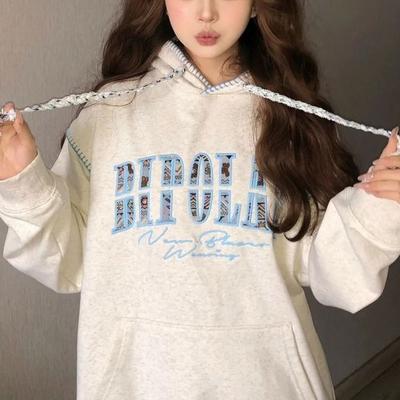 Женская одежда Вышивка букв Толстовки Шикарные Худи на шнурке Осень Зима Флис Сшитые Американский кэжуал Свободные Толстовки