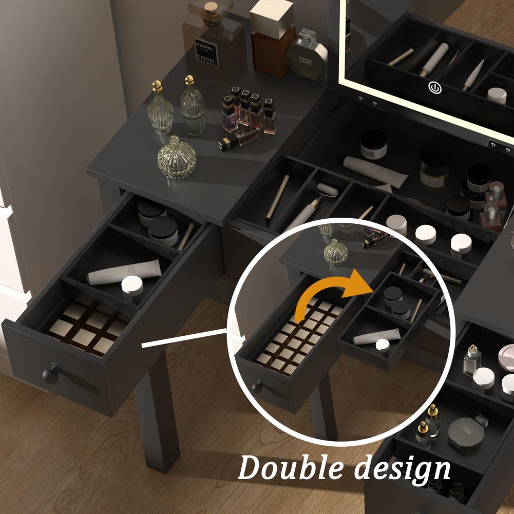 Туалетный столик для макияжа с откидным зеркалом и подсветкой, туалетный столик со светодиодной подсветкой, 2 ящиками и регулируемыми отделениями для хранения ювелирных изделий
