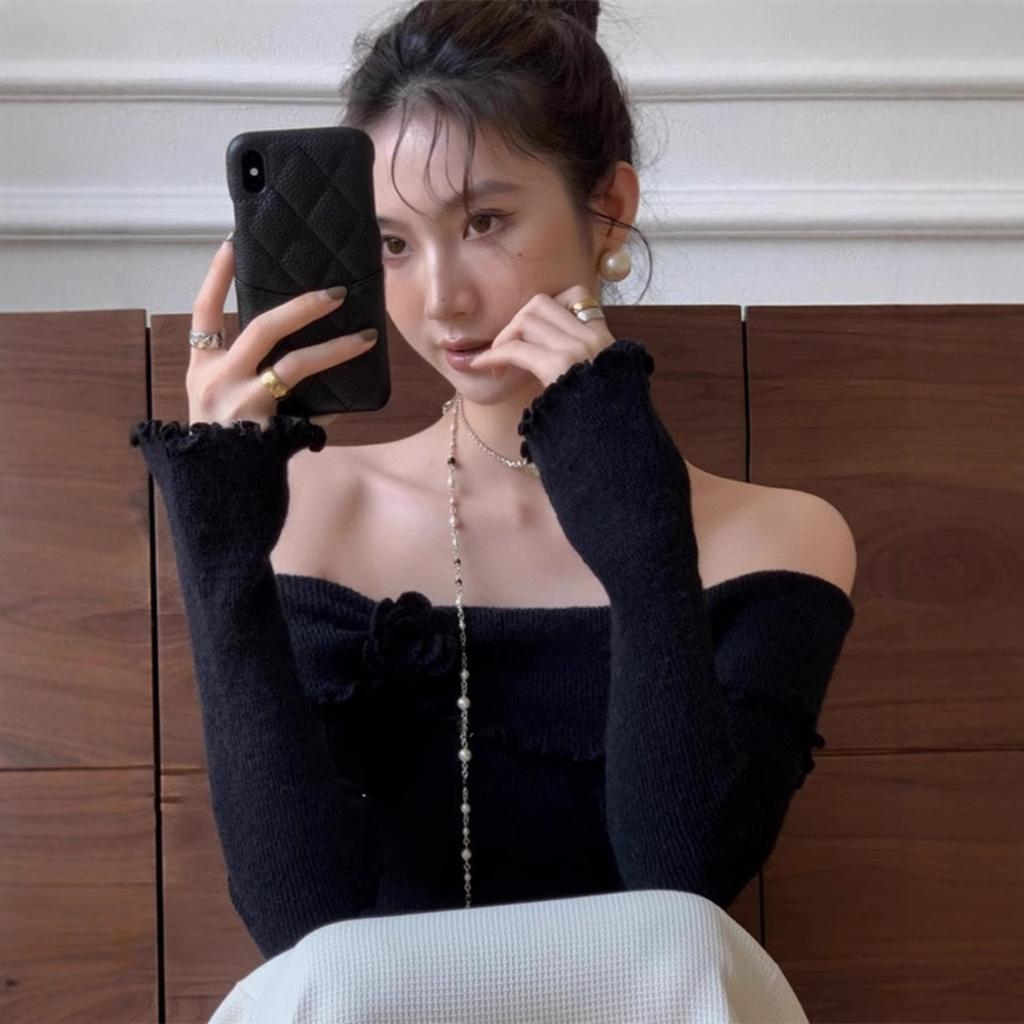 Autumn French Style Wooden Ear Edge Three-dimensional Flower One-line Shoulder Knitted Top Slim Sweater Base Blouse Woman