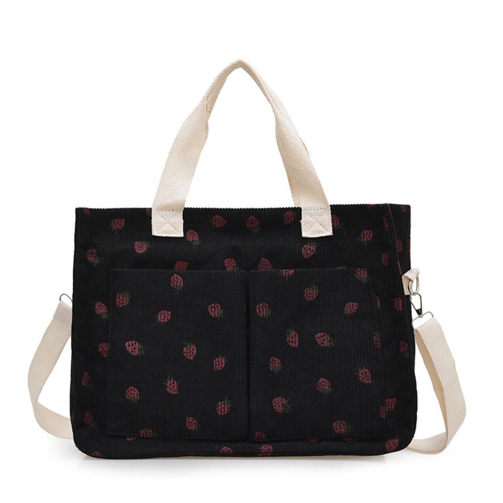 Printied Bow Tote Bag Cute Corduroy Handbag Sweet Travel Bag Travel