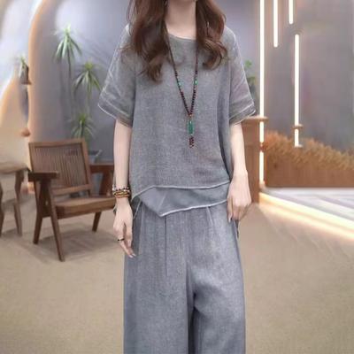 2 шт./комплект женский топ брюки комплект круглый вырез половина рукава неровный подол блузка широкие брюки эластичный пояс широкие брюки повседневный досуг свидание наряд