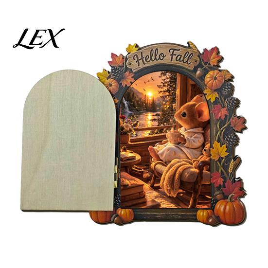 Fall Home Decor Accents Elf Wooden Door Halloween Decor, 2D Fairy Mouse Miniature Wall Autumn Harvest Tale Hanging, Rustic Shelf Ornament for