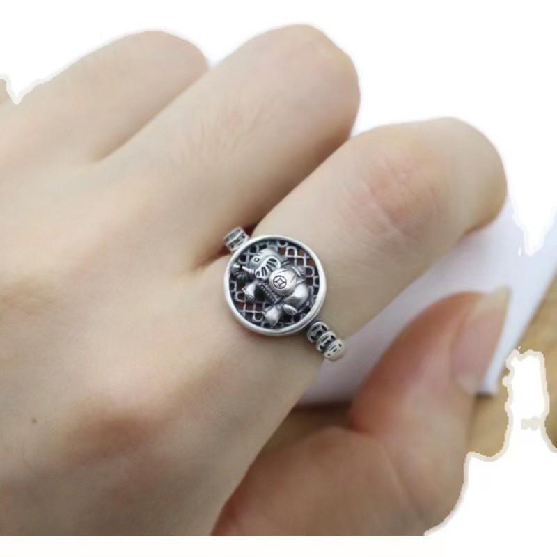 Adjustable Open Ring Women Men Vintage Elephant Coin Motif Geometric Hollow Plated Finger