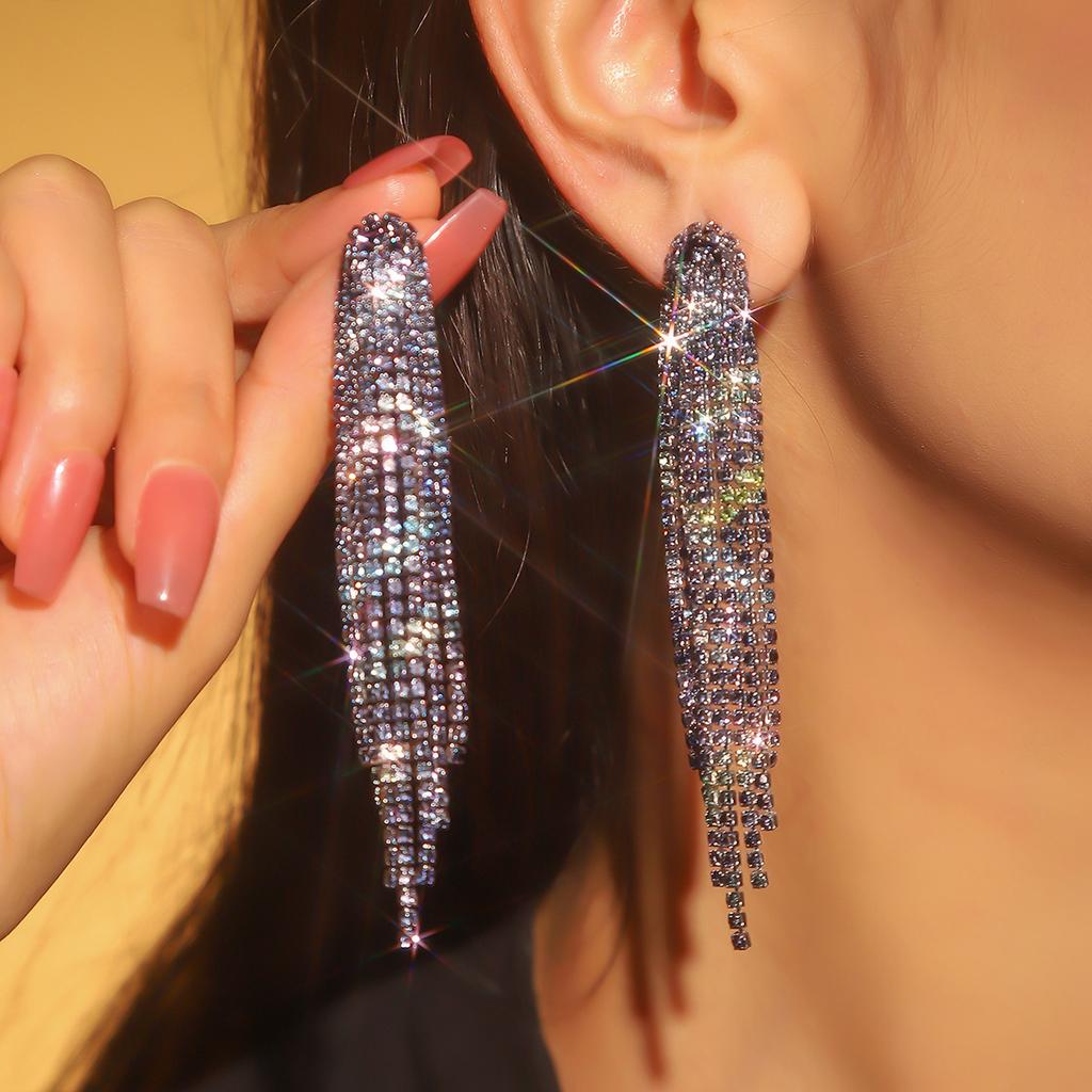 Colored Shiny Rhinestone Long Fringed Earrings