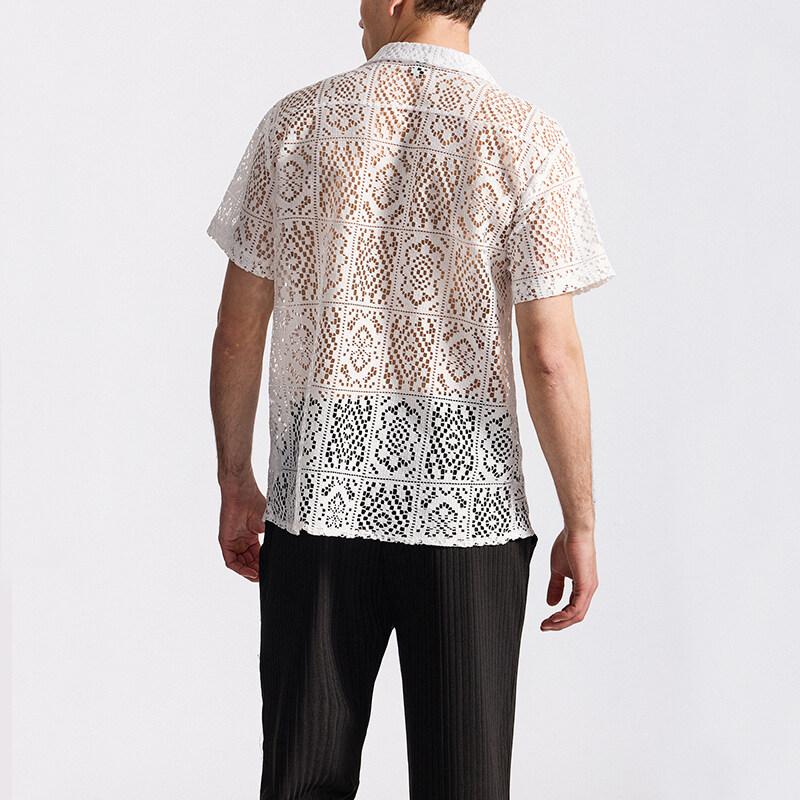 Мужская сетчатая кружевная трикотажная рубашка с коротким рукавом, ажурные танцевальные рубашки с перспективой, летняя уличная одежда, топы для ночных клубов и дискотек