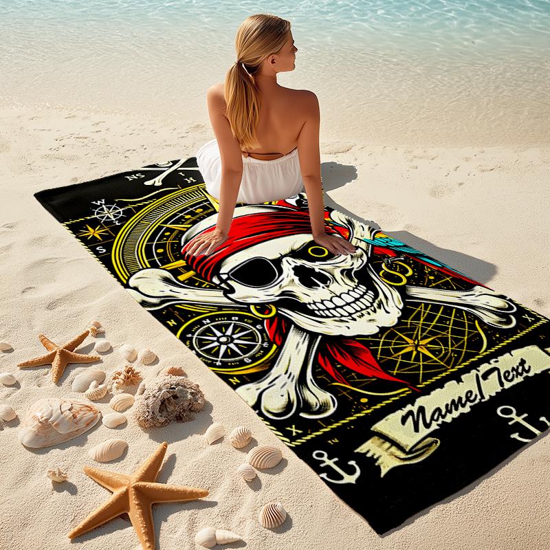 1PC Custom Name Pirate Skull Adventure Beach Towel Highly Absorbent And Sand-Resistant Towel for Swimming, Pool, Yoga, And Travel Lightweight