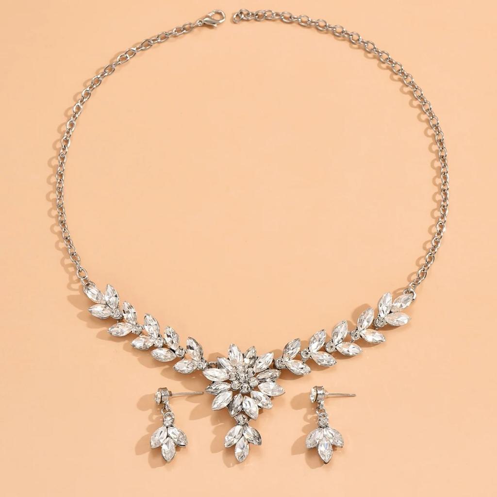 3 Trendy Women's Crystal Flower Multicolored Necklaces and Earrings Set, Banquet and Party Accessories