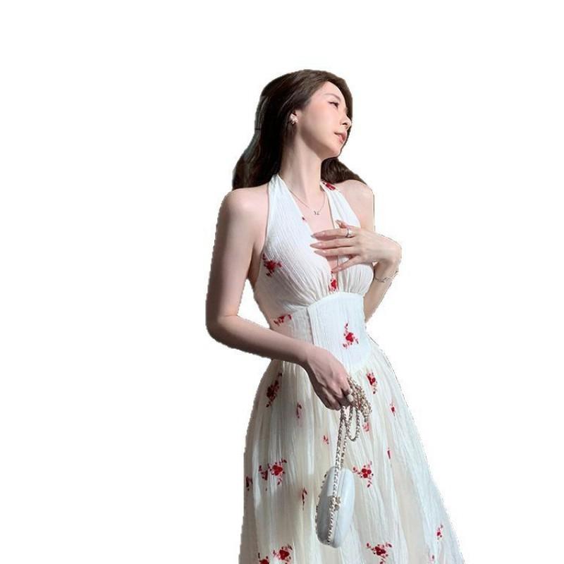 Womens Floral Maxi Dress With V-Neck Halter Backless Design High Waist Flowy Skirt Plus Size S To XXL 2025 New Arrival