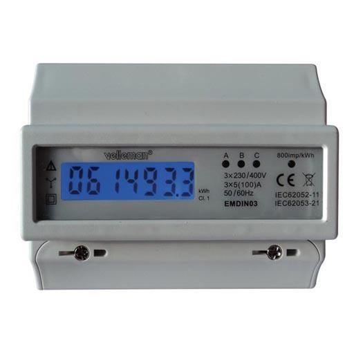 Compteur d'énergie électronique - VELLEMAN - Compteur kwh triphasé - 4 fils - Rail DIN - LCD rétroéclairé