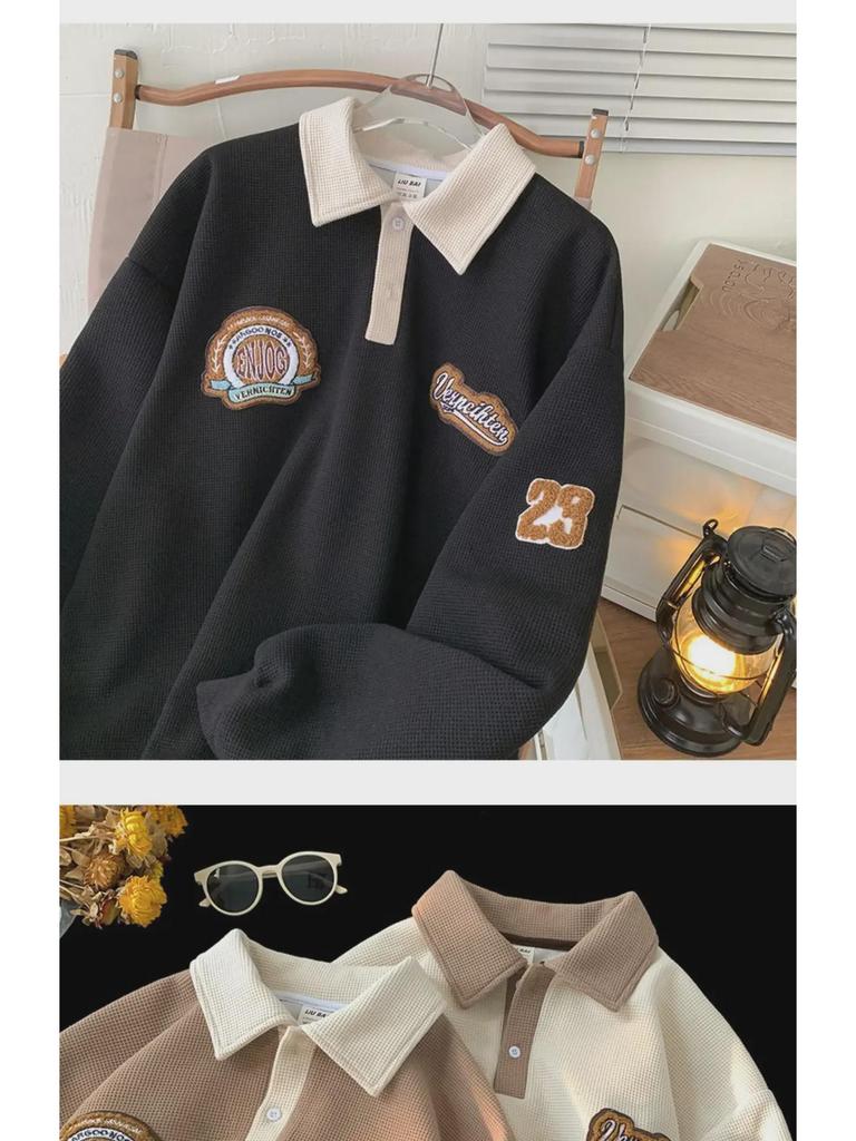 Мужская вафельная толстовка-поло: Модная вышитая куртка в стиле ретро с длинными рукавами на весну и осень