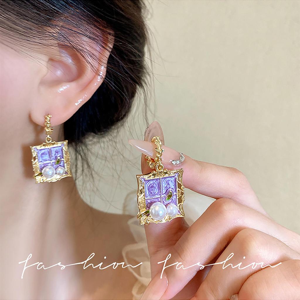Light Luxury Baroque Purple Oil Painting Monet Garden Style Earrings For Women