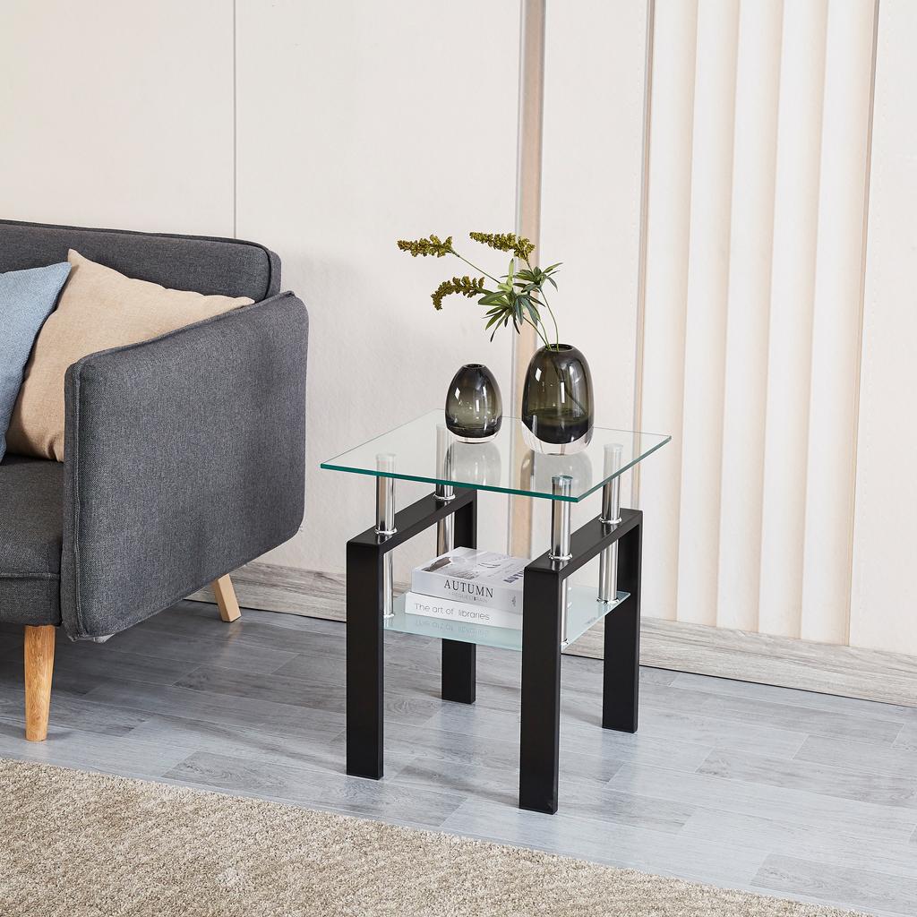 2-Piece Clear Tempered Glass Small Table, End Table for Living Room, Sofa Table with Black Legs